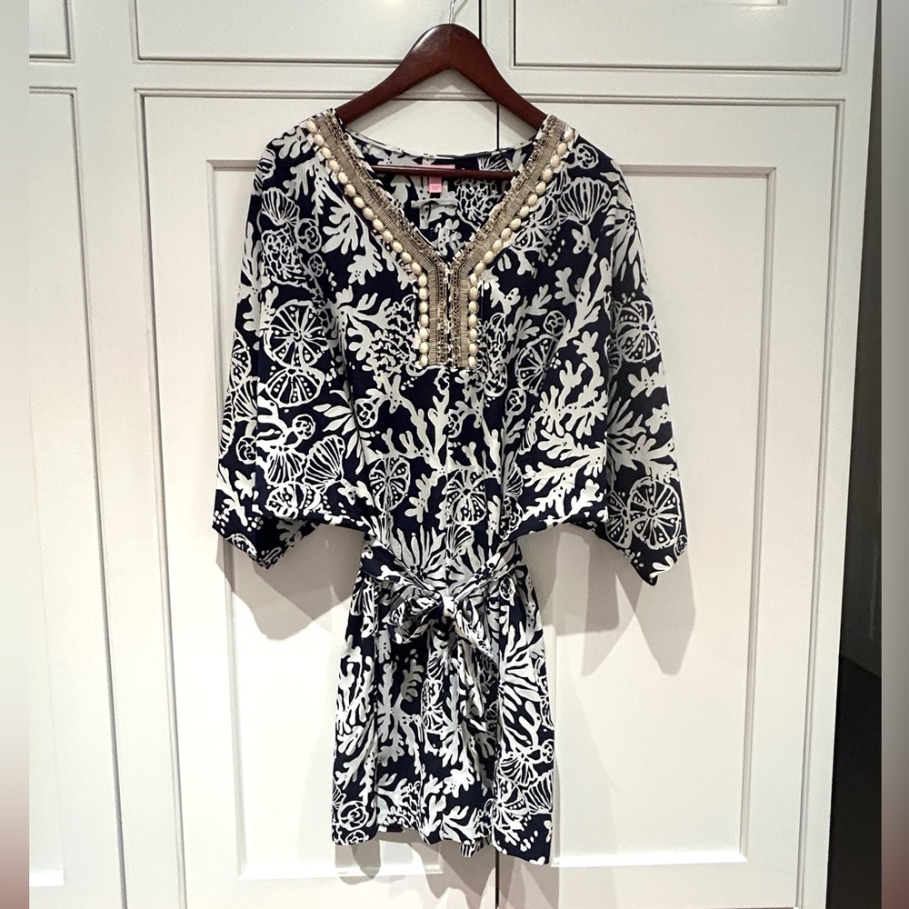 Lilly Pulitzer Navy & White Beaded Wilda Caftan Tunic Dress - Picture 6 of 12